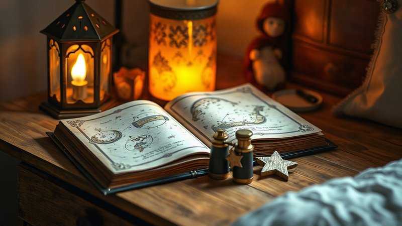 Книга со звездными иллюстрациями и игрушечный бинокль на тумбочке 5 Се