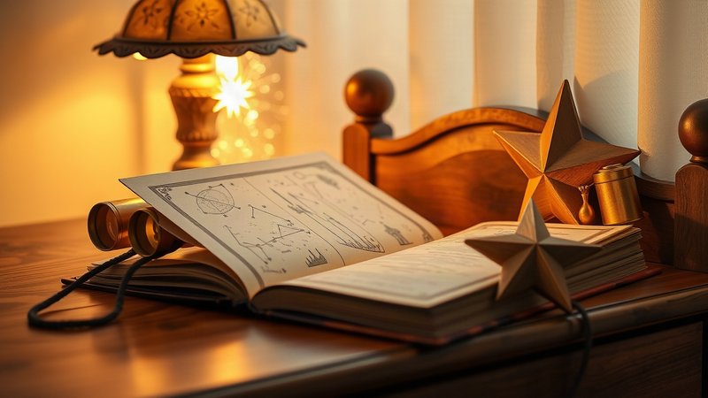 Книга с иллюстрациями созвездий и игрушечный бинокль на тумбочке 9 Сен