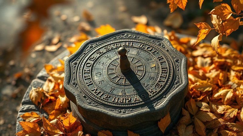 Каменные солнечные часы с зодиакальной резьбой в осеннем саду