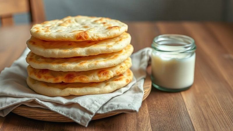 Стопка мягких румяных лепешек на йогурте под льняным полотенцем на сто